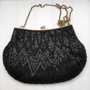 Vintage La Regale Black Beaded Evening Crossbody Handbag Clutch 5" X 7.5"